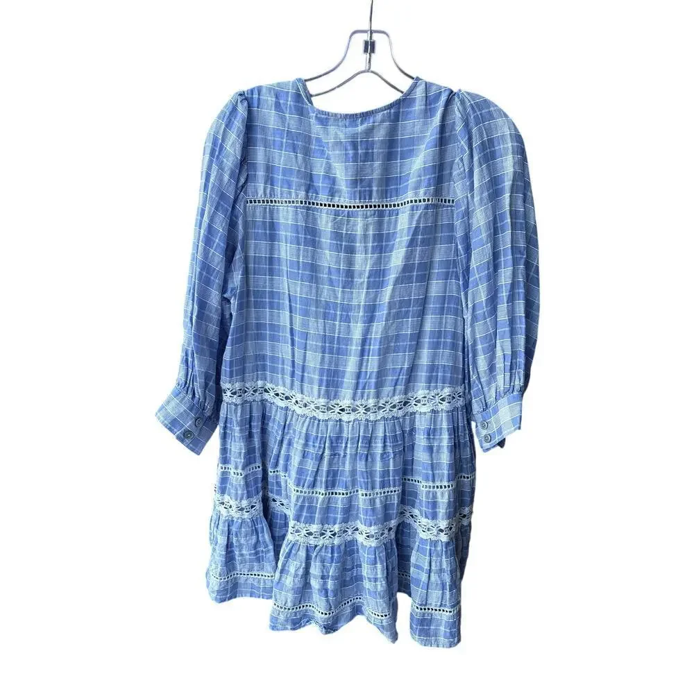 Free People Blue Plaid Lace Trim Tiered Tunic Cottagecore Puff Sleeve Boho